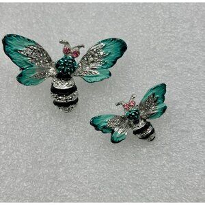 1960s Pair Of Figural Bees Enamel Metal Scatter Pins-Rhinestone-Gerrys